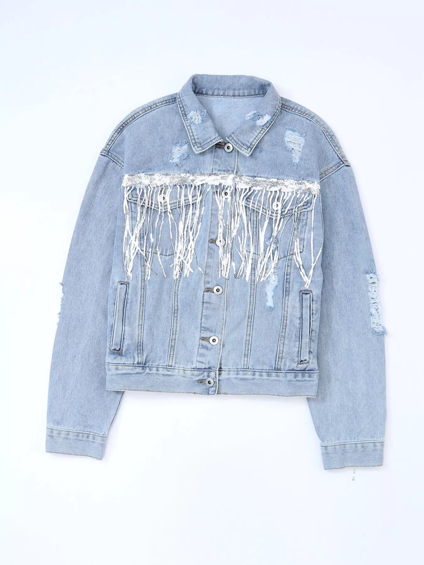 Fringed Sequin Embellished Denim Jacket 