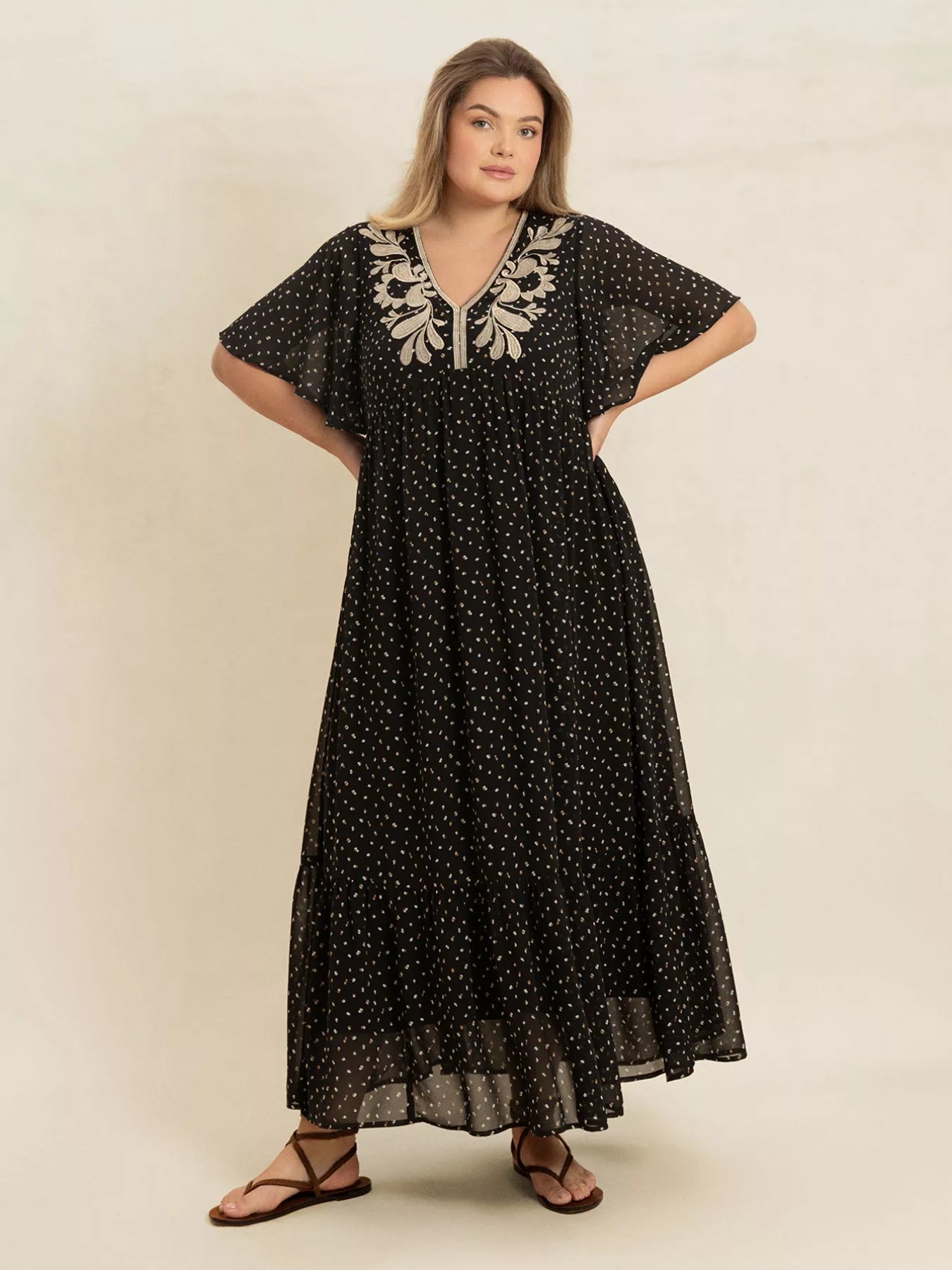 Plus Size Printed V-Neck Flutter Sleeve Maxi Dress 