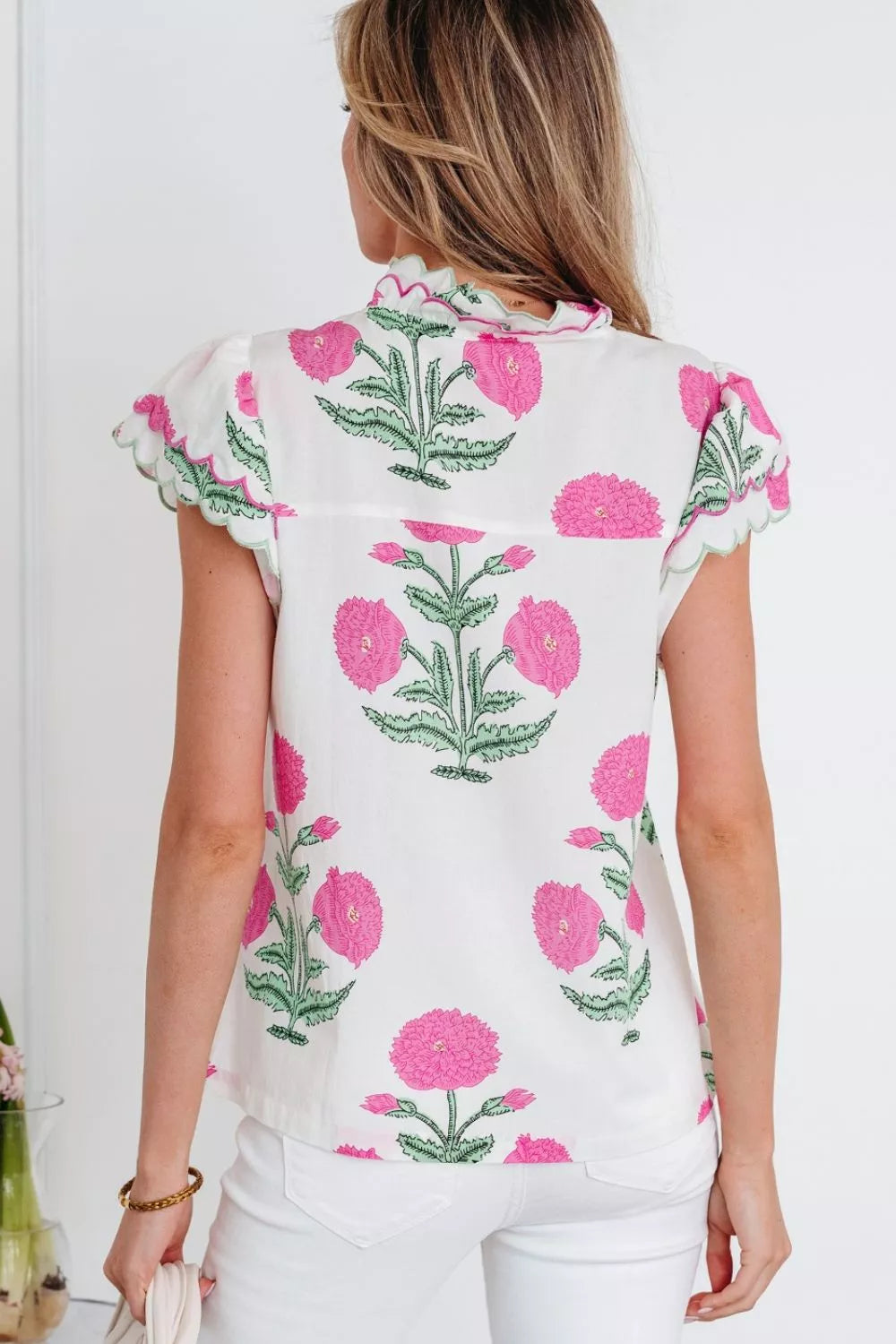 Contrast Scallop Trim Layered Short Sleeve V Neck Blouse 