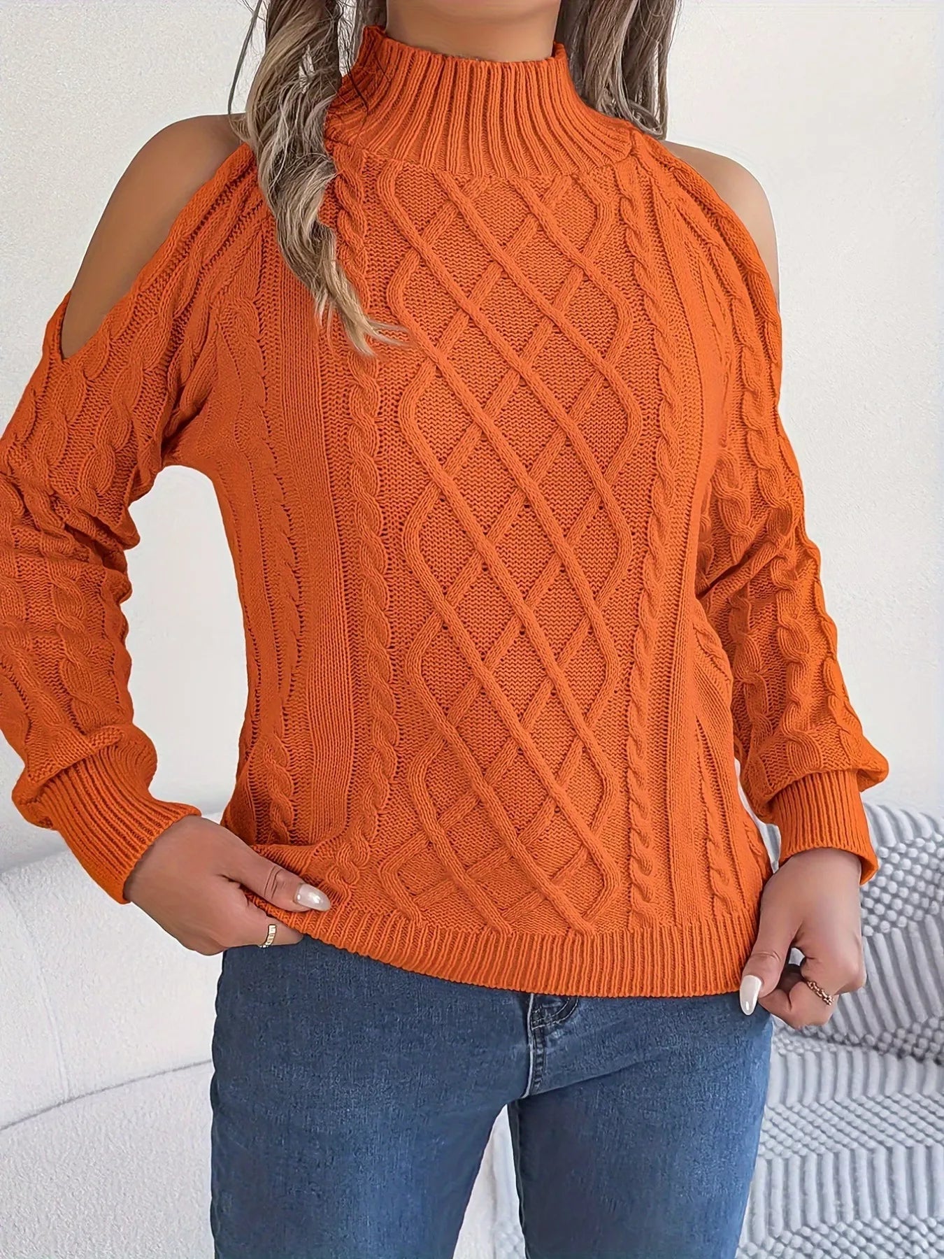 Cable Knit Cold Shoulder Turtleneck Sweater 
