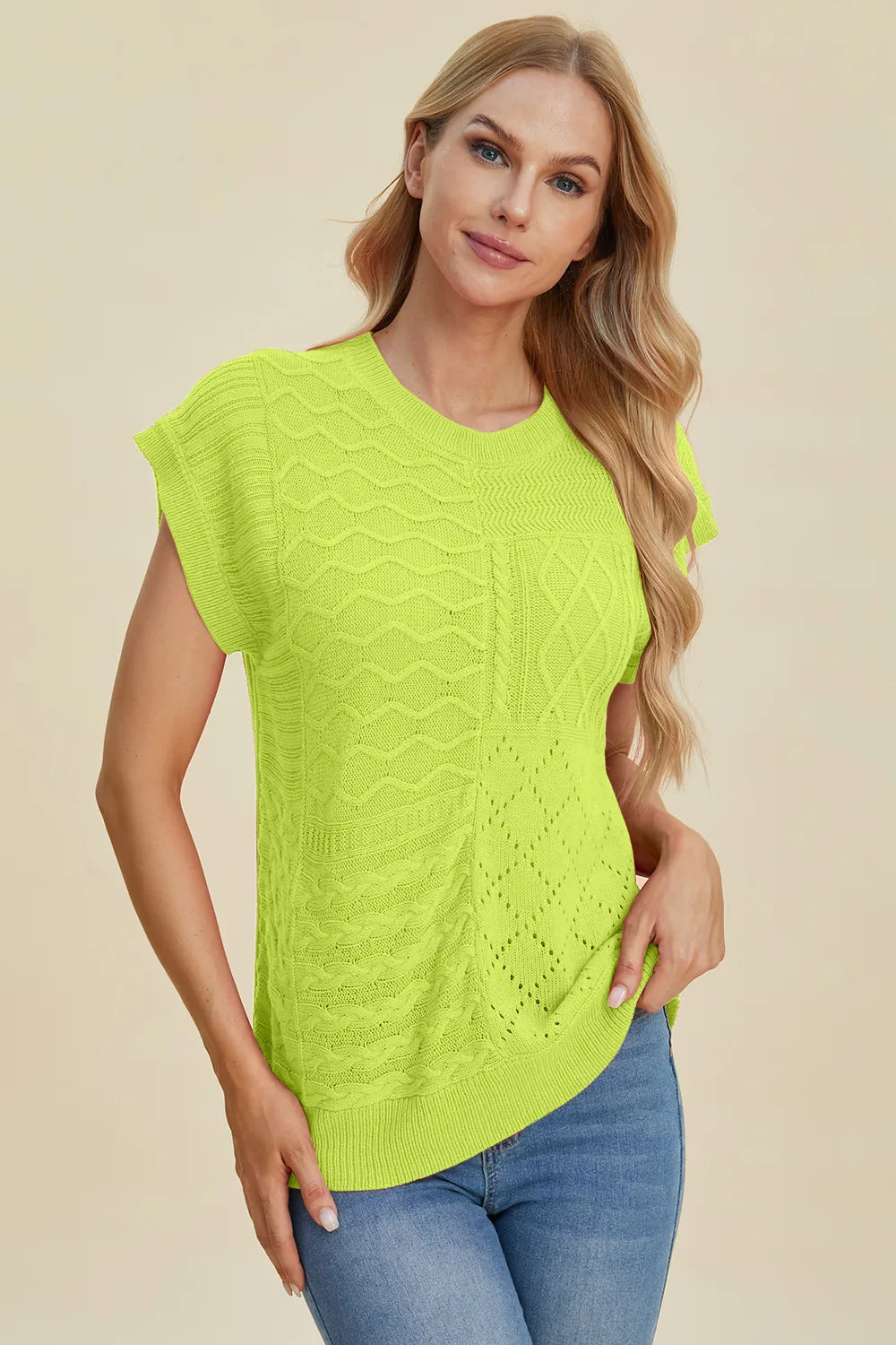 Double Take Full Size Cable-Knit Round Neck Cap Sleeve Sweater 