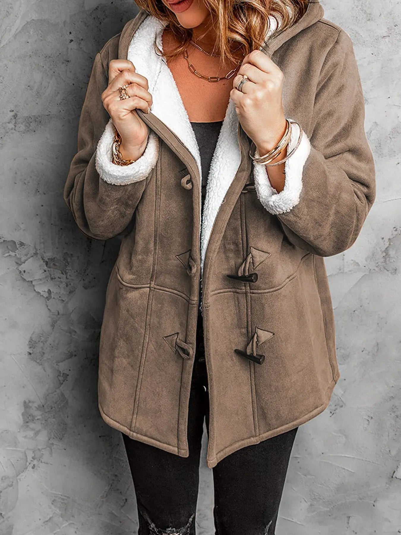 Full Size Cozy Sherpa Lined Toggle Coat with Hood Plus Size 