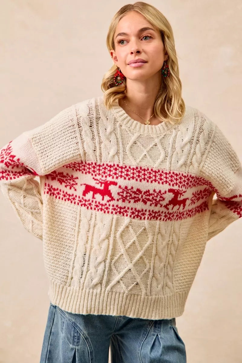 BiBi Christmas Theme Patterned Cable Knit Sweater 