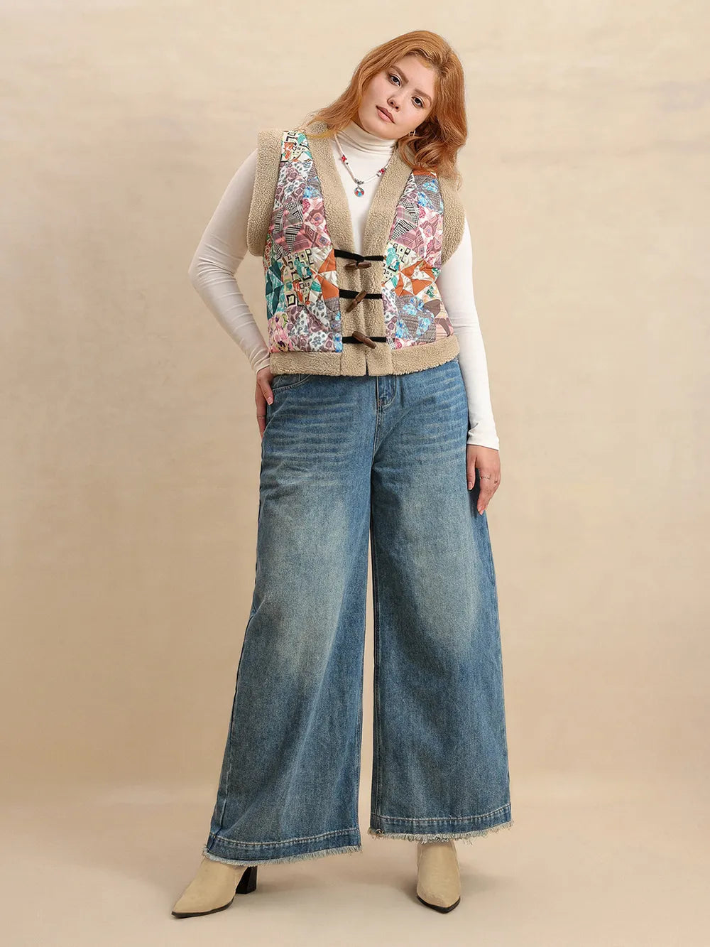 Plus Size Printed Sherpa Vest Coat 
