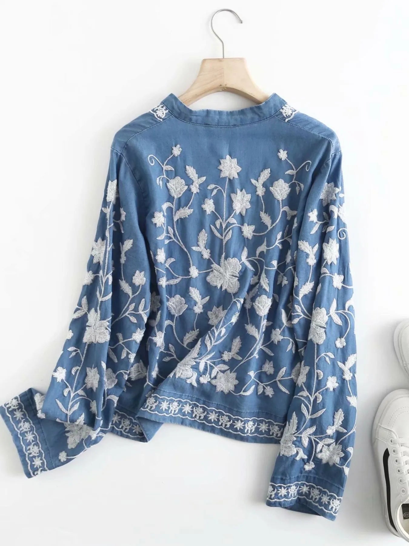 Floral Embroidered Button Up Denim Shirt 