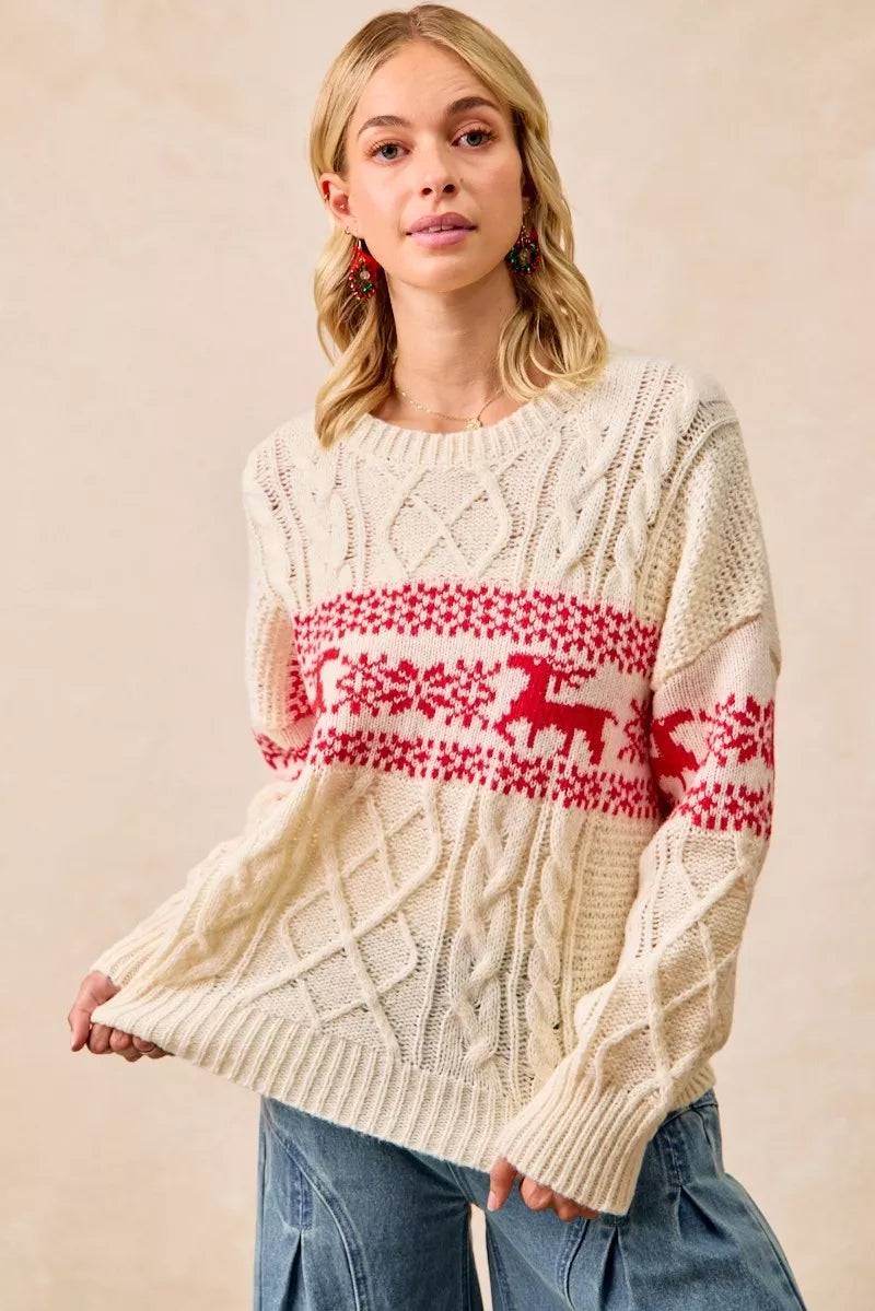 BiBi Christmas Theme Patterned Cable Knit Sweater 