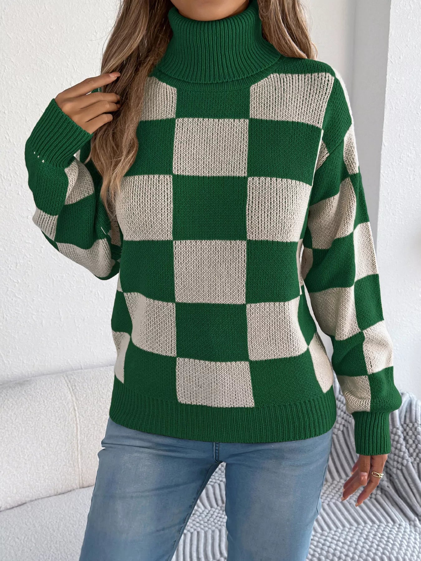 Checkered Turtleneck Long Sleeve Sweater 