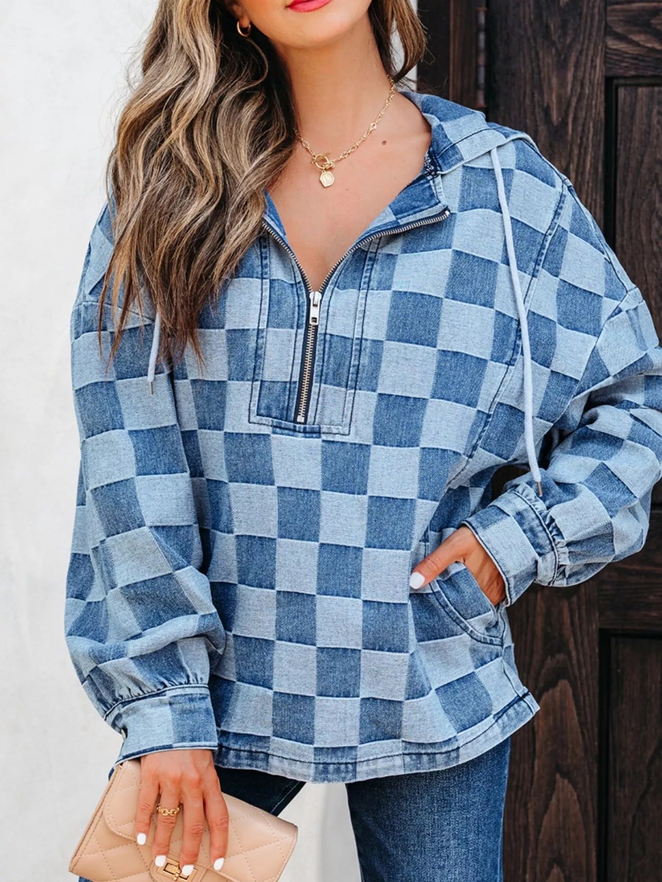Checkered Half Zip Denim Hoodie Top 