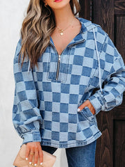 Checkered Half Zip Denim Hoodie Top 