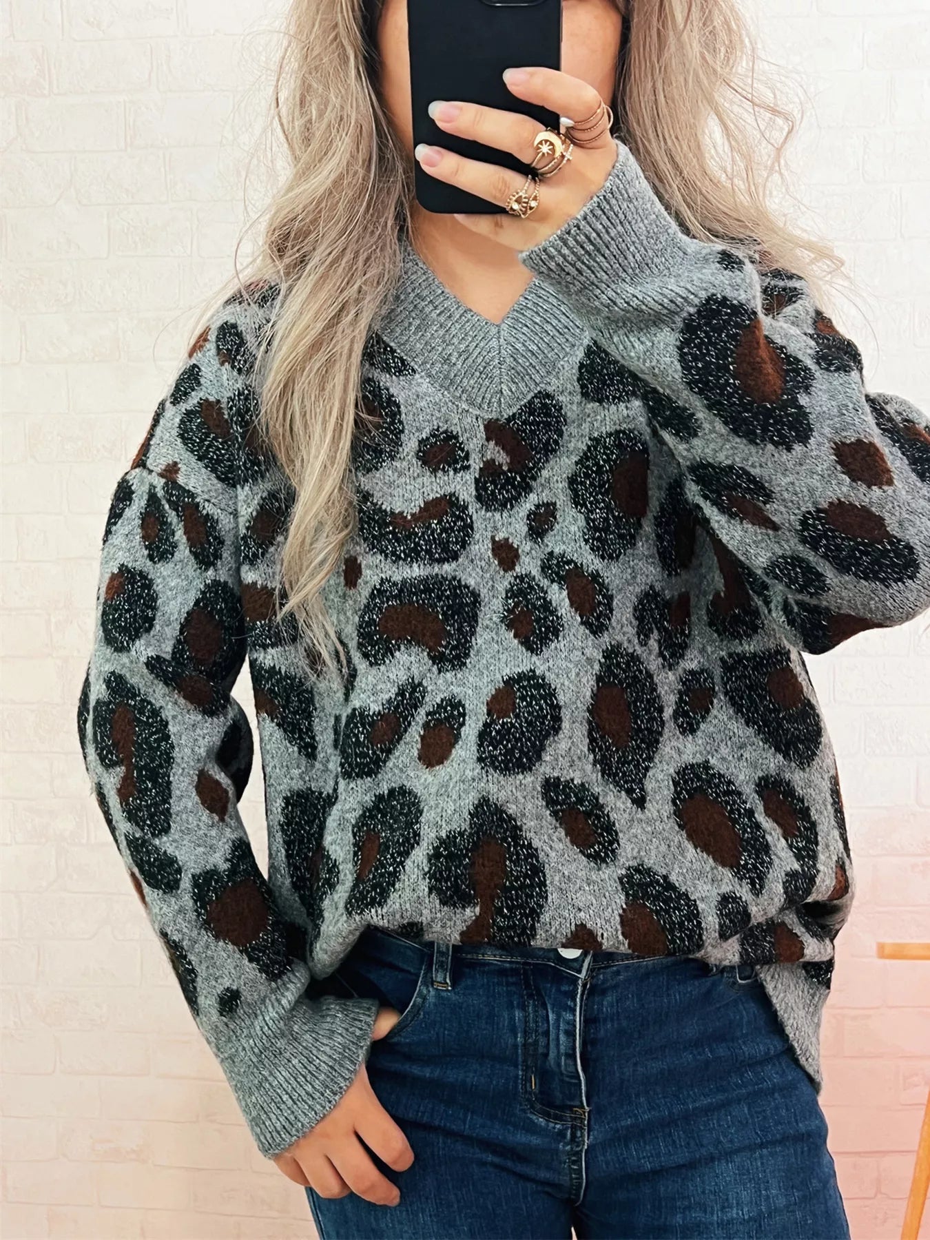 Leopard V-Neck Drop Shoulder Sweater 
