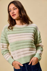 SO ME Openwork Round Neck Wide Stripe Textured Sweater 
