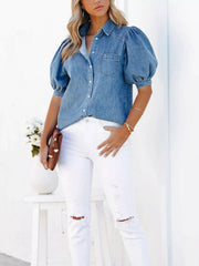 Puff Sleeve Button-Down Denim Top 