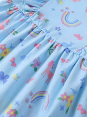 Children's Unicorn Rainbow Print Ruffle Trim Long Sleeve Dress 