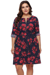 Plus Size Floral Print Half Zip Up Dress 
