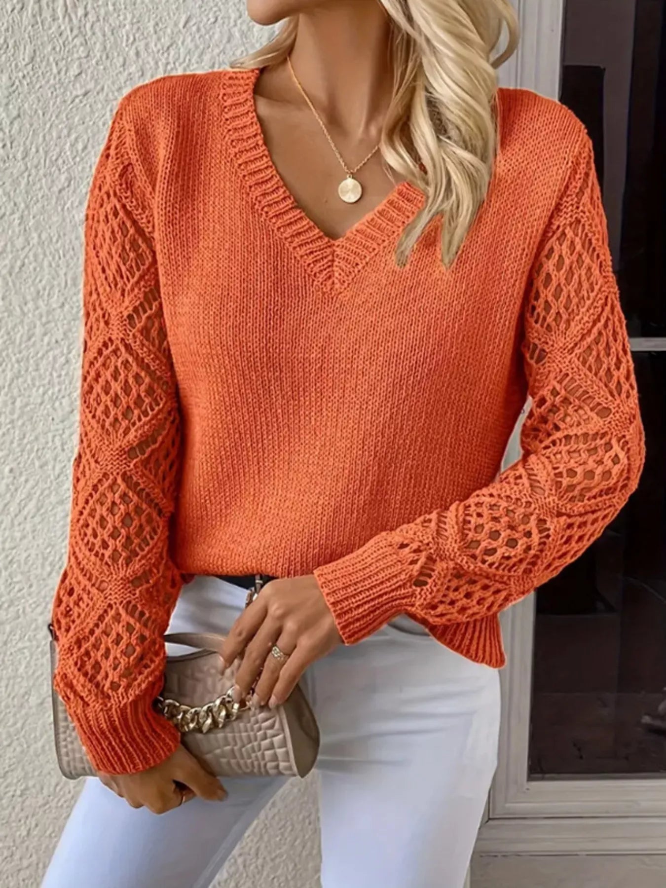 Openwork V-Neck Long Sleeve Sweater 