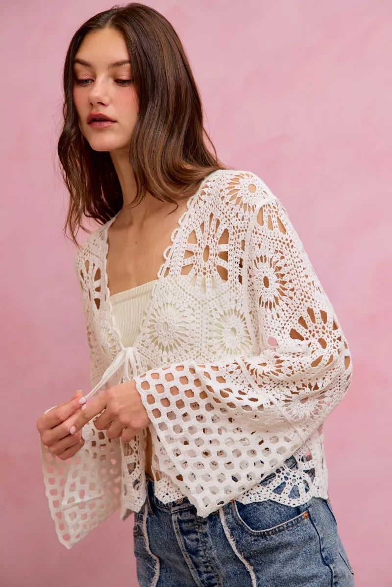 SO ME Floral Pattern Crochet Knit Tie Front Crop Cardigan 