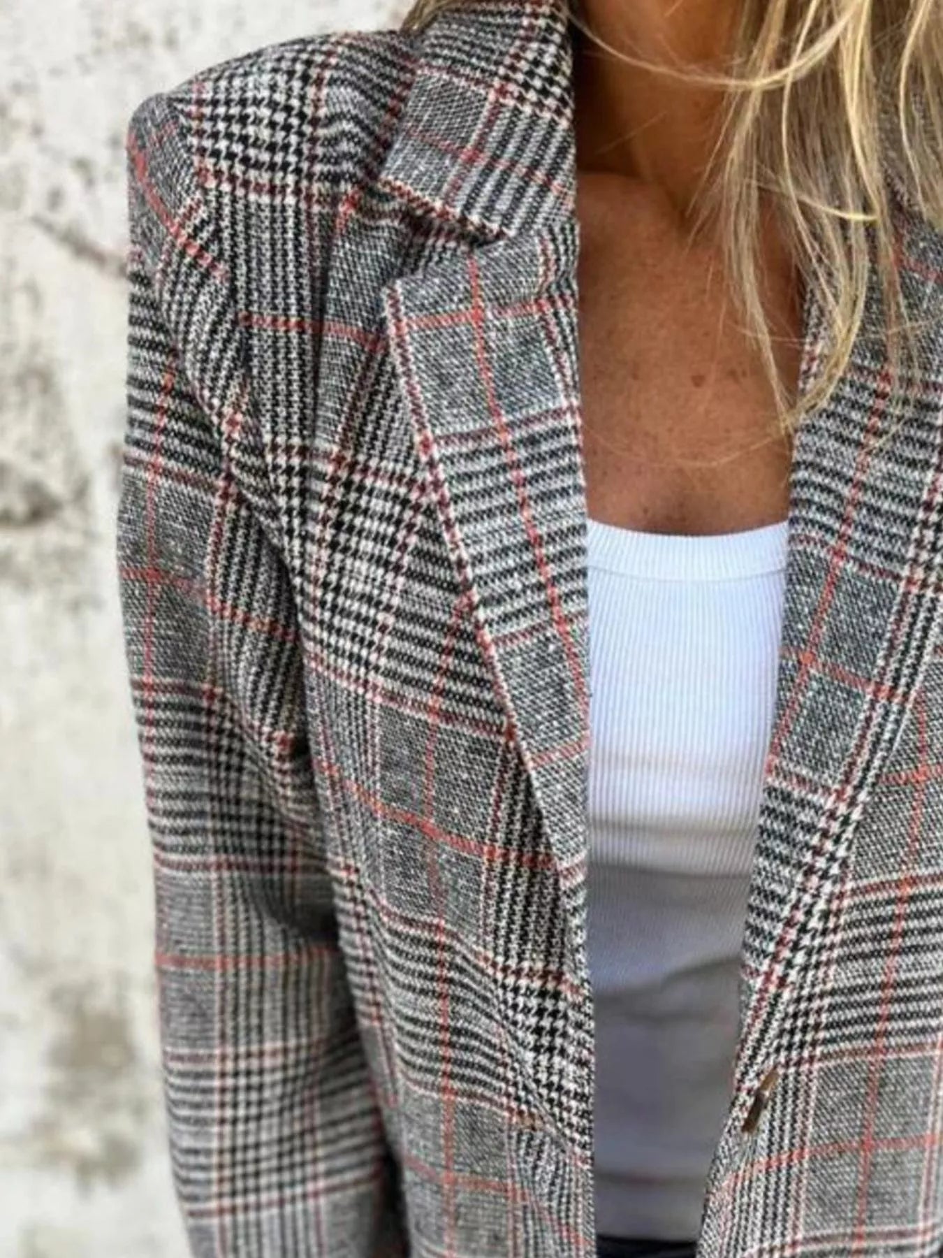 Full Size Plaid Single-Breasted Long Sleeve Blazer Plus Size 