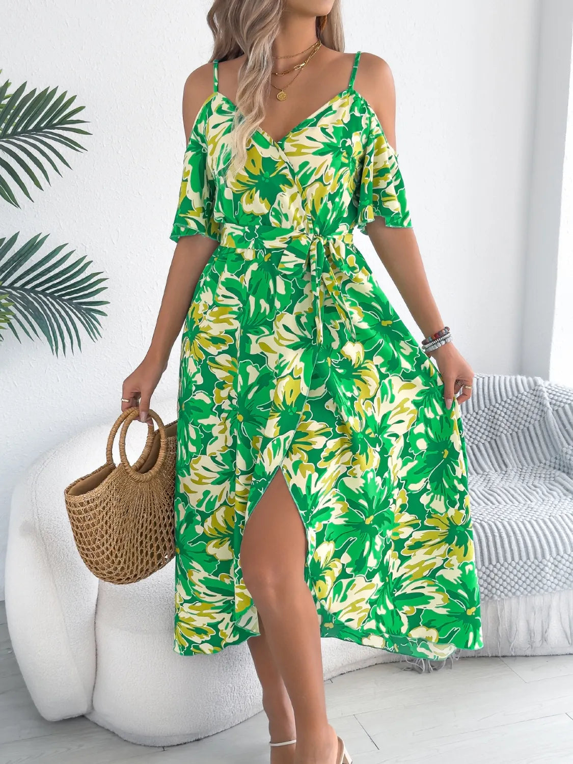 Printed Cold Shoulder Midi Cami Dress 