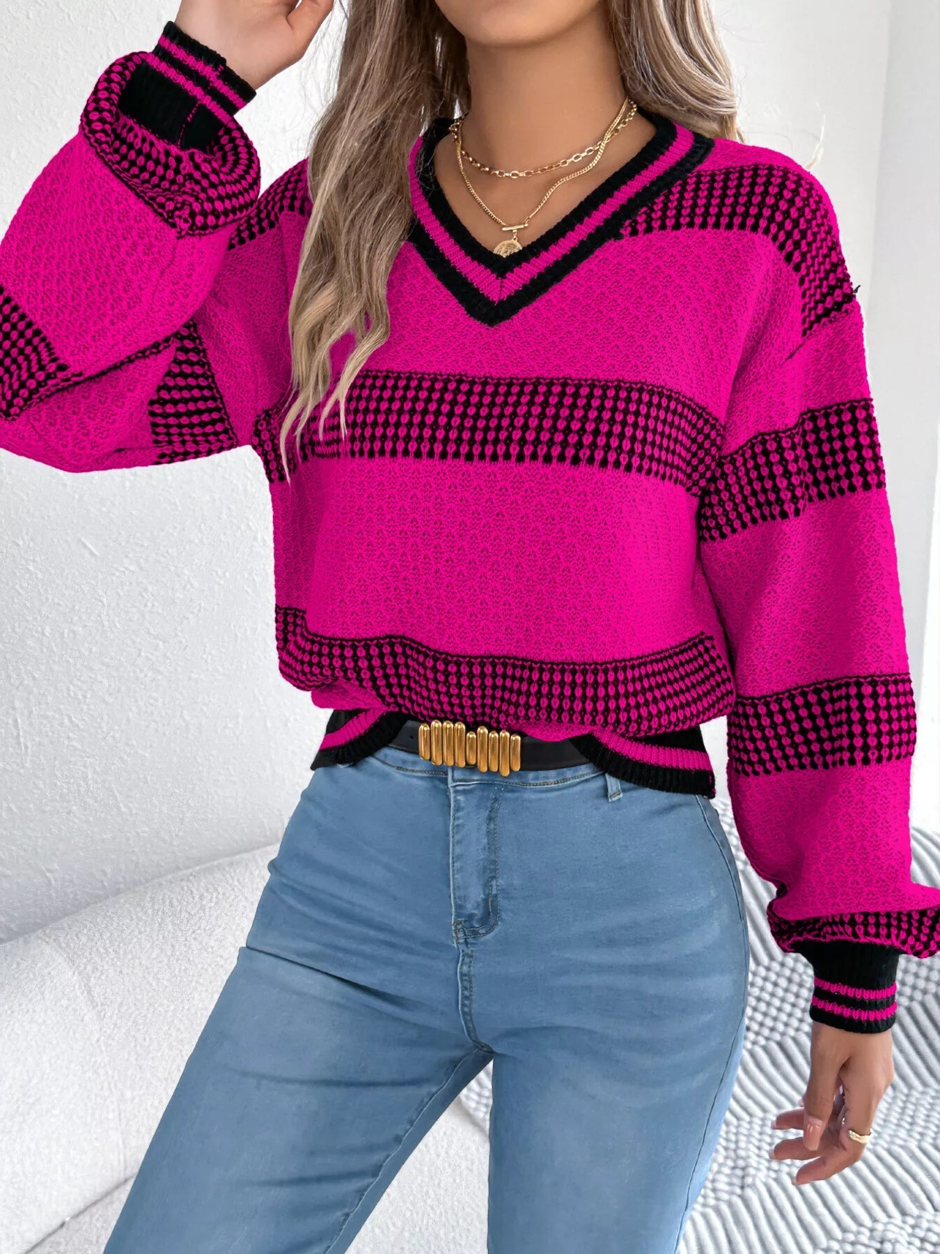 Contrast Striped V-Neck Sweater 