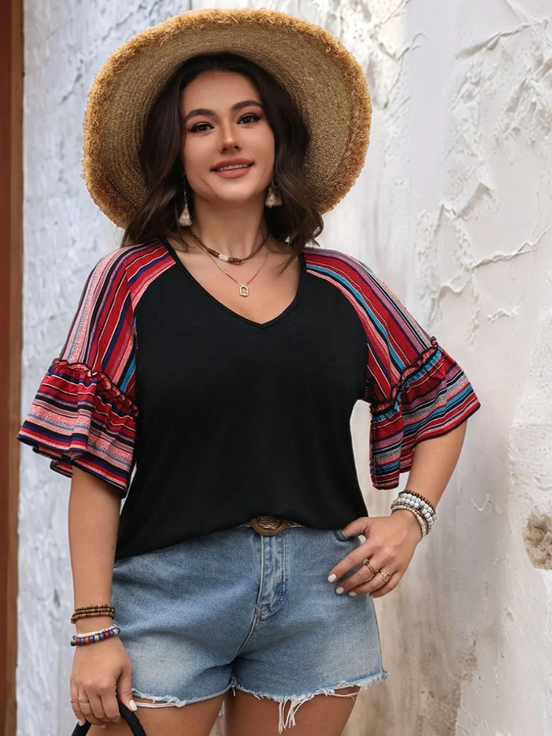 Plus Size V-Neck Flounce Sleeve Top 
