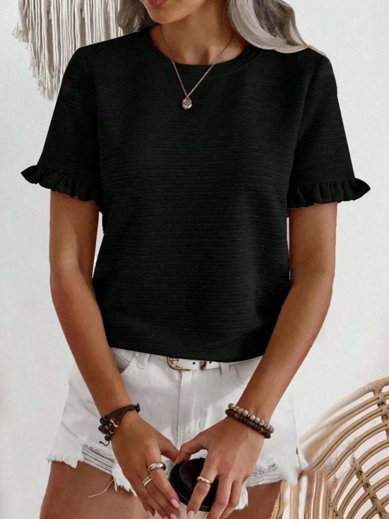 Textured Ruffle Sleeve Round Neck T-Shirt 