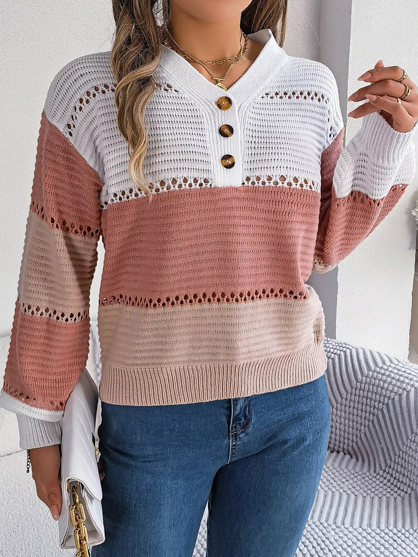 Color Block Striped V-Neck Button Detail Sweater 