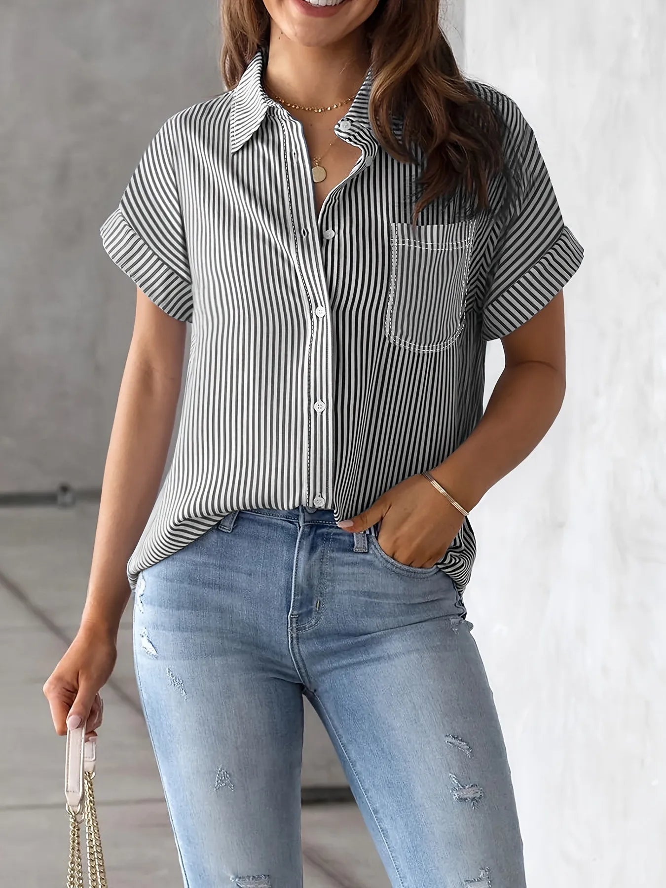 Full Size Striped Button-Up Casual Shirt with Pocket Plus Size 