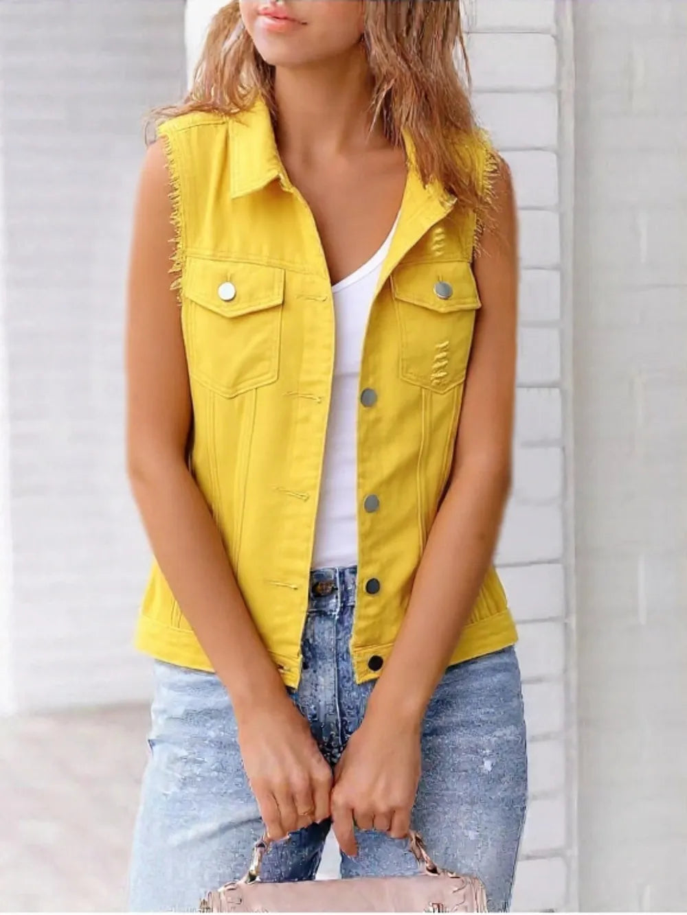 Full Size Button Down Raw Hem Sleeveless Denim Jacket Plus Size 