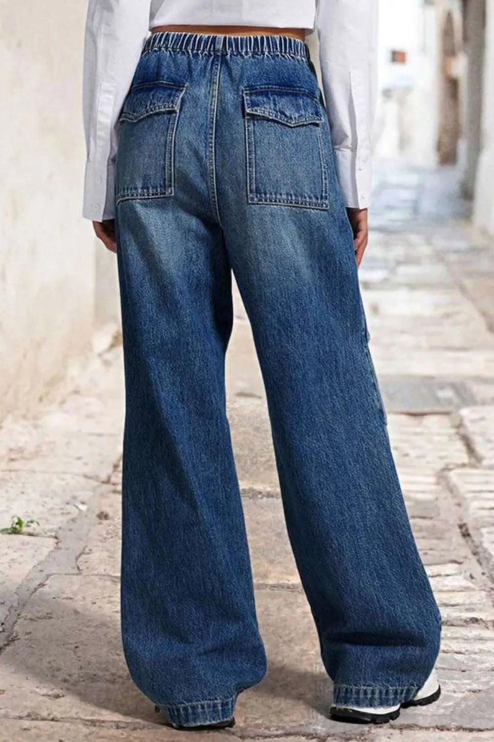 Drawstring Waist Wide Leg Shirred Jeans 