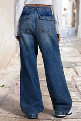 Drawstring Waist Wide Leg Shirred Jeans 