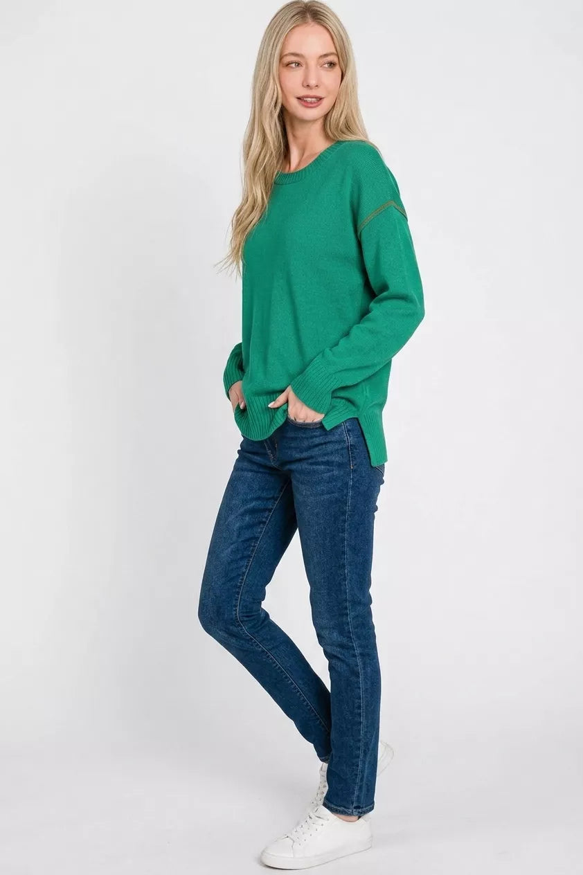 Zenana Round Neck Contrast Trim Sweater 