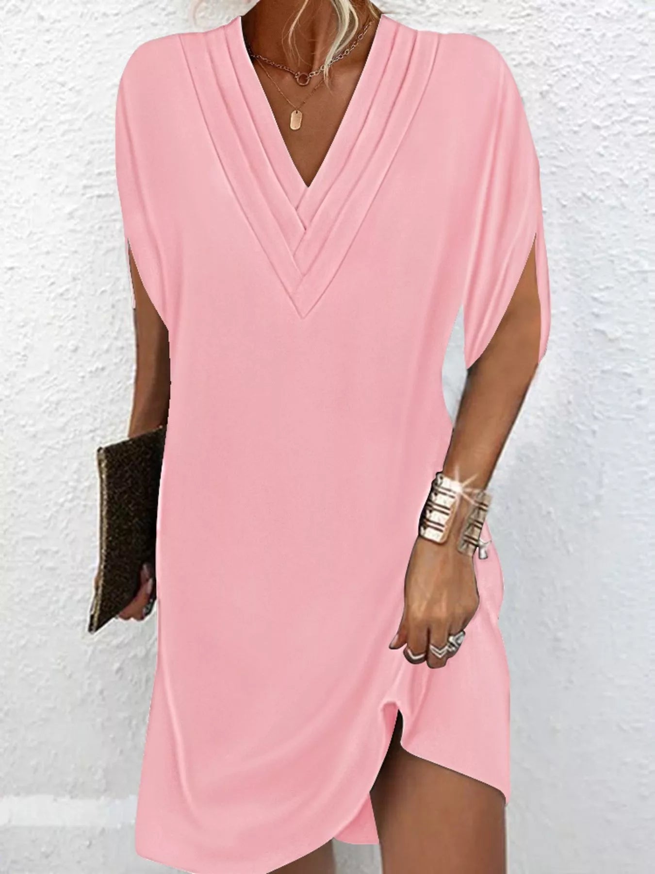 Full Size V-Neck Slit Sleeve Mini Dress Plus Size 