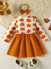 Children's Pumpkin Print Ruffle Dress with Bow Headband 