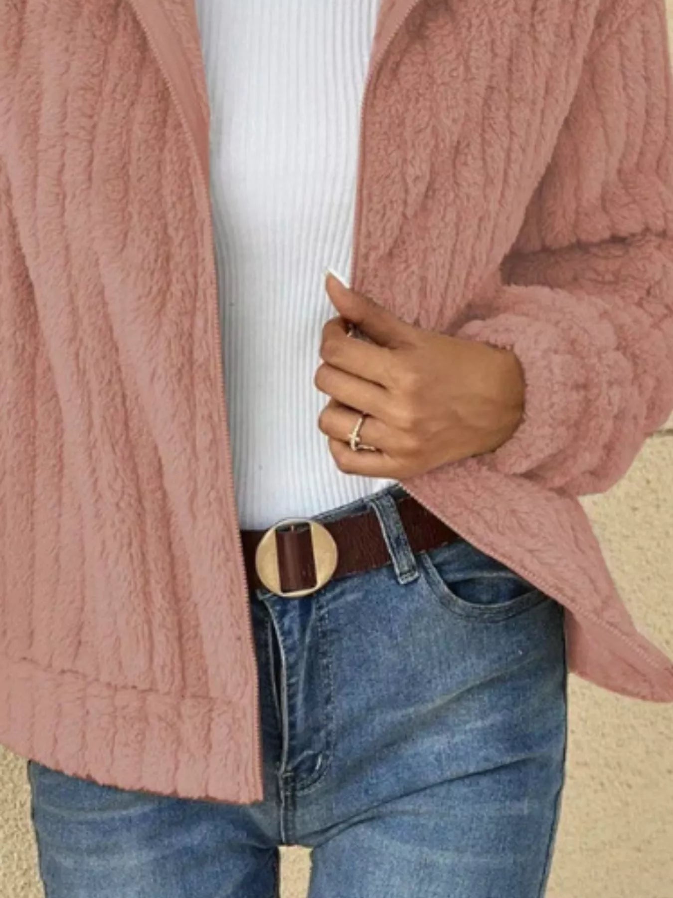 Full Size Zip-Up Long Sleeve Texture Jacket Plus Size 