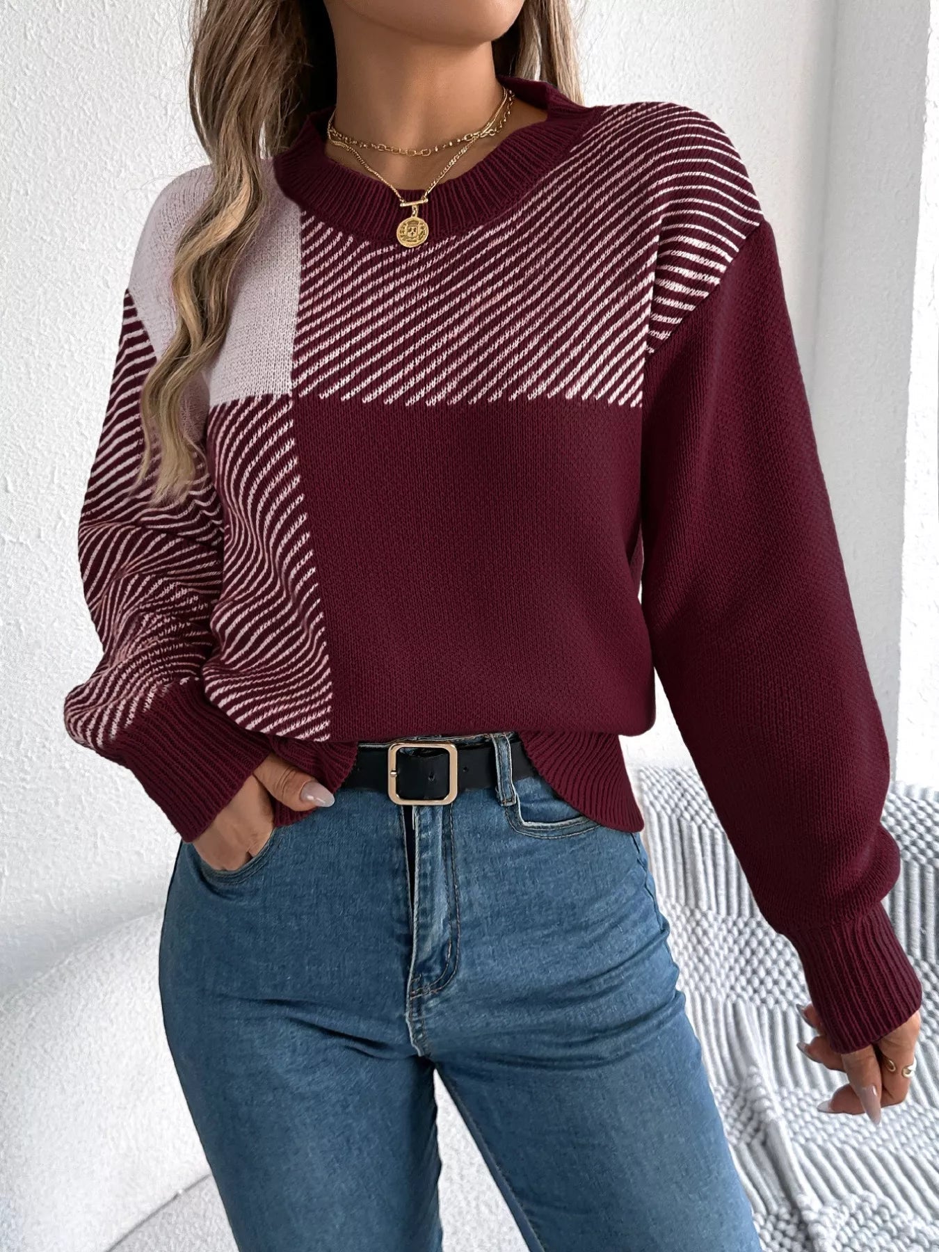 Color Block Striped Round Neck Sweater 