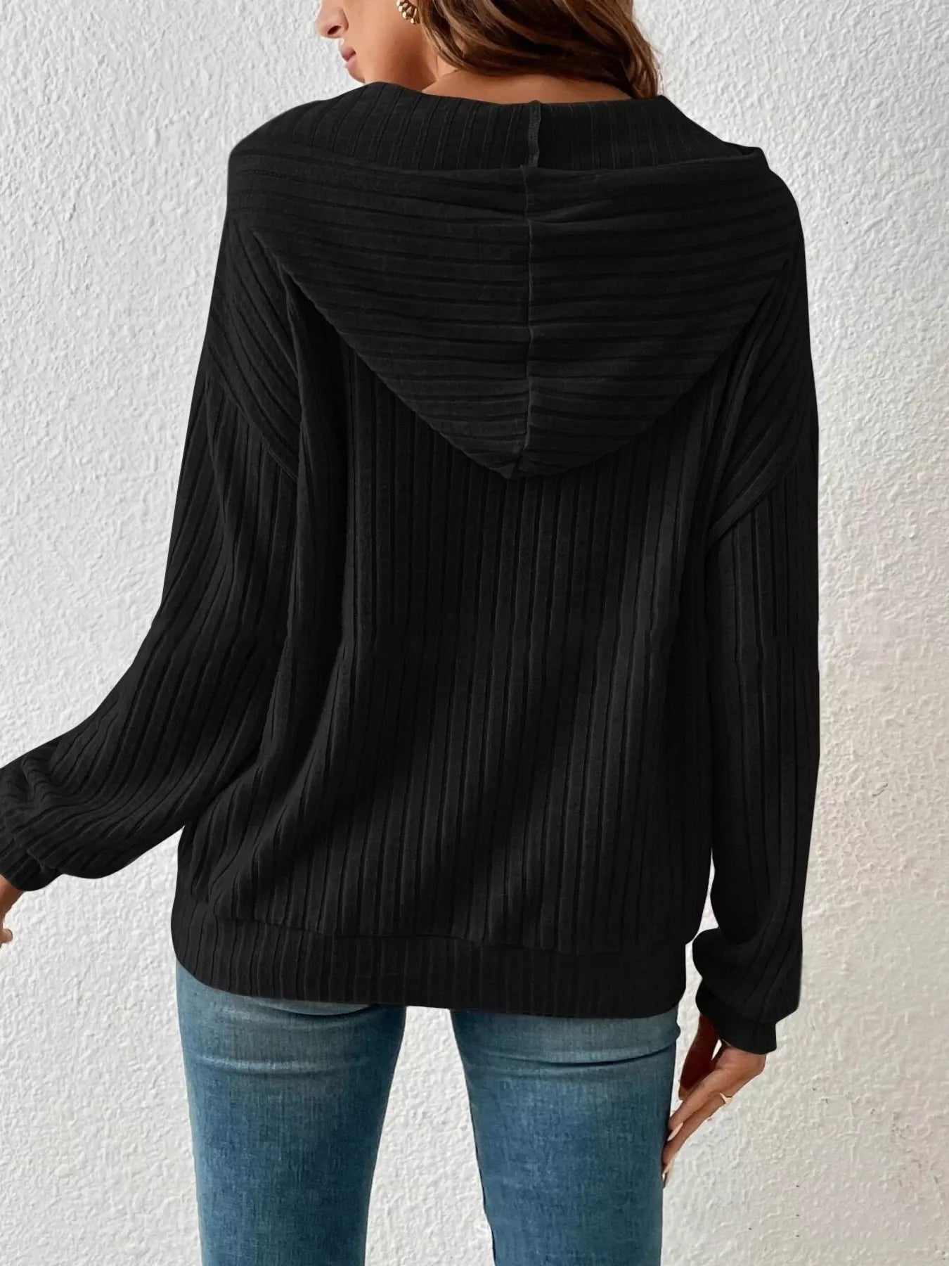 Casual Ribbed Knit Drawstring Hoodie 