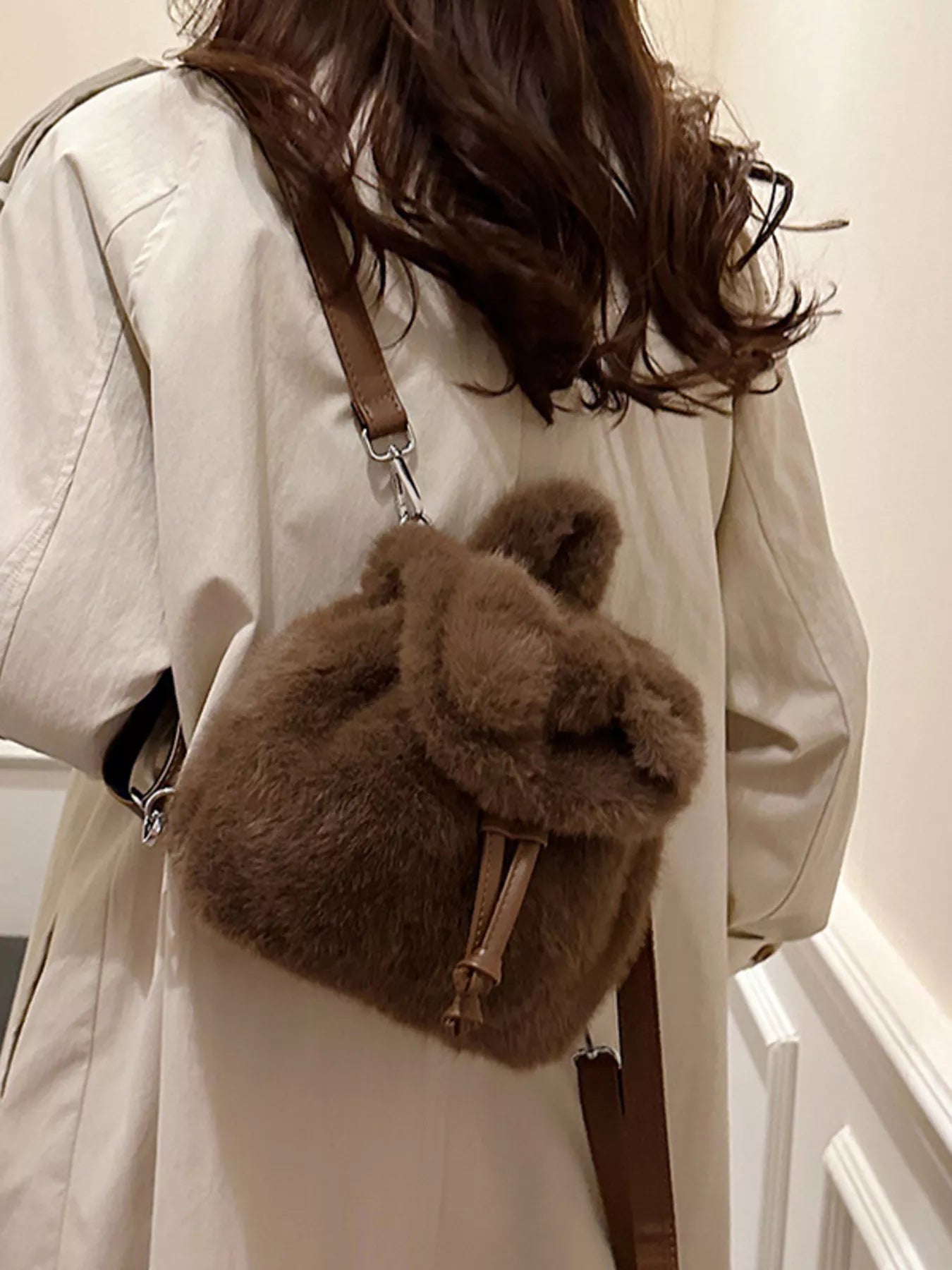 Fuzzy Plush Drawstring Backpack Bag 