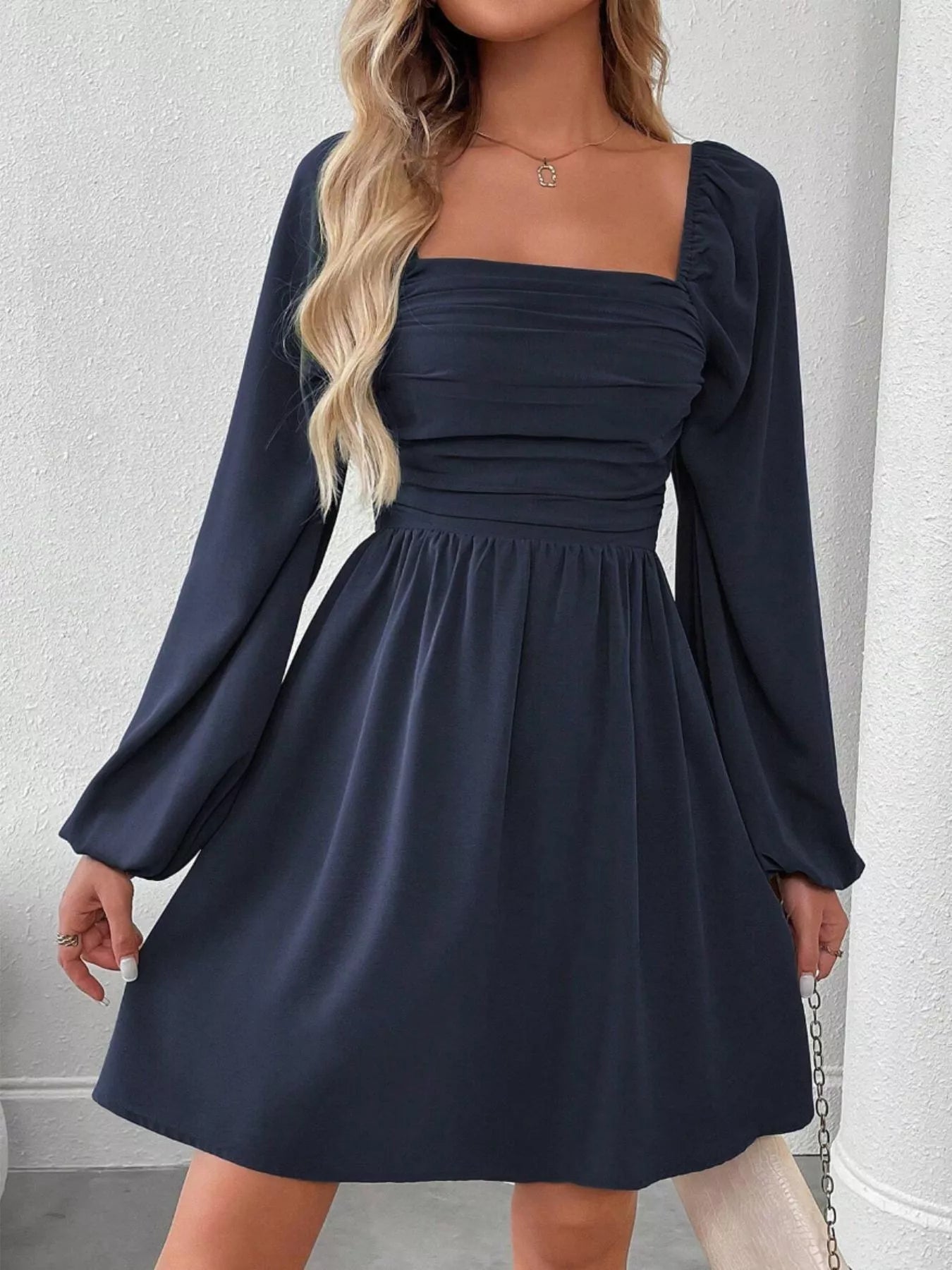 Ruched Square Neck Long Sleeve A-Line Dress 