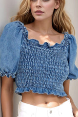 Puff Sleeve Smocked Cropped Denim Top 