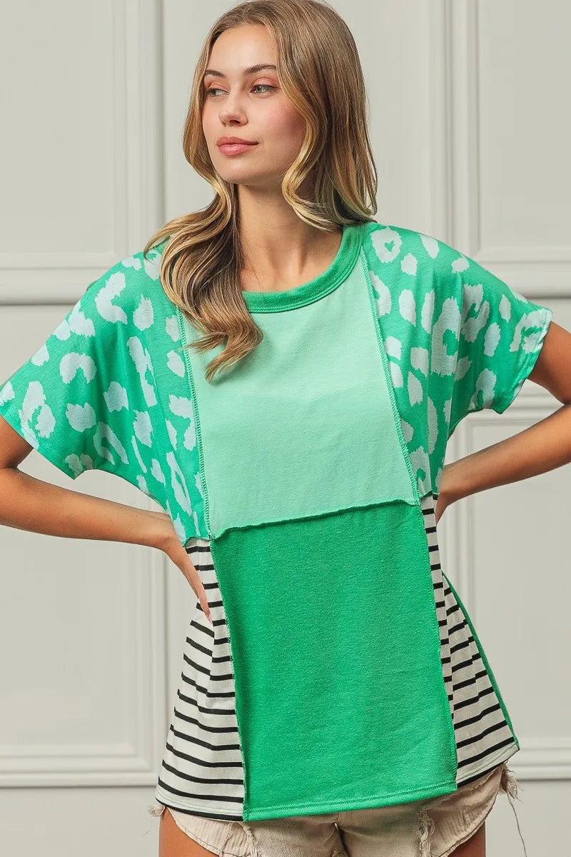 BiBi Leopard and Stripe Color Block Top With Exposed Seam 