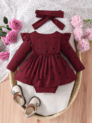Children's Heart Print Ruffle Trim Bodysuit Dress with Headband 