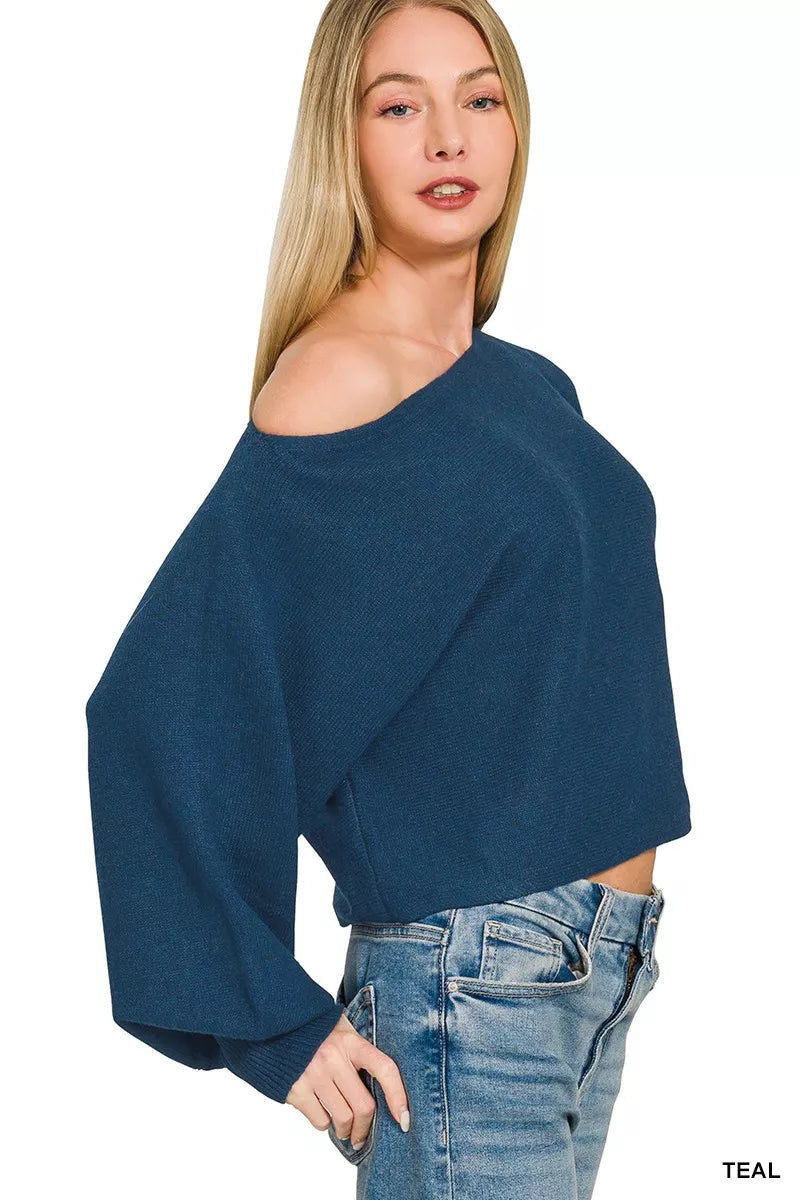 Zenana Boat Neck Balloon Sleeve Sweater 