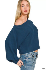 Zenana Boat Neck Balloon Sleeve Sweater 