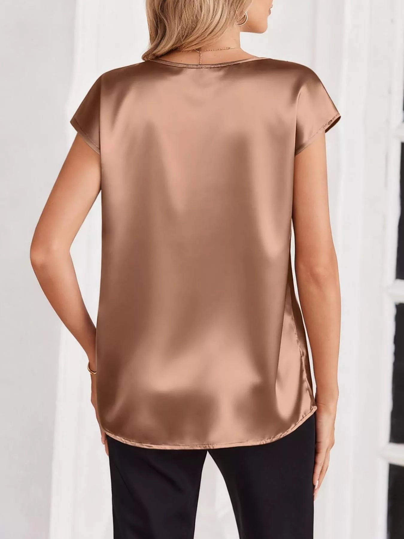 Satin V-Neck Cap Sleeve Blouse 