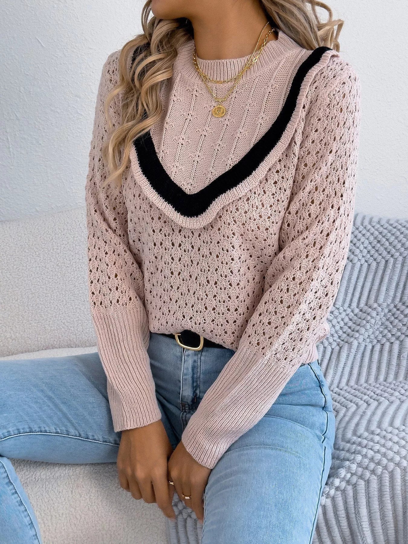 Hollow-Out Knit Top with Contrast Trim 