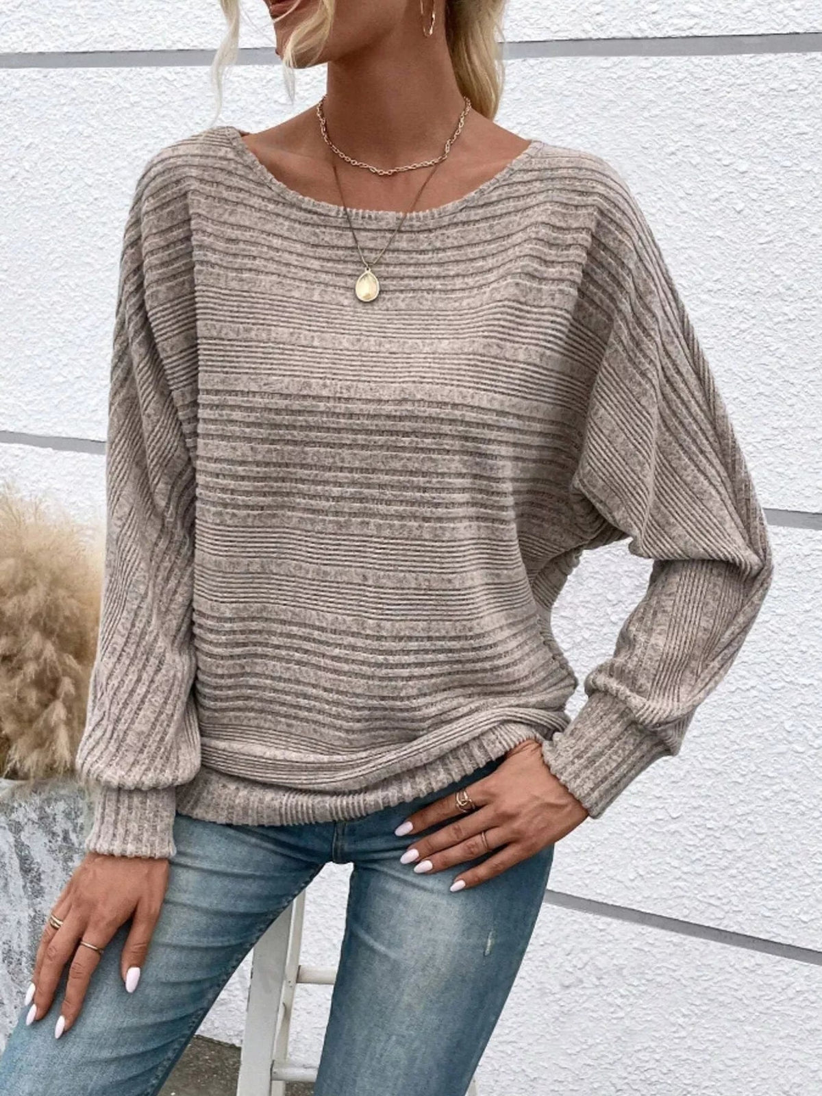 Ribbed Round Neck Long Sleeve Top 