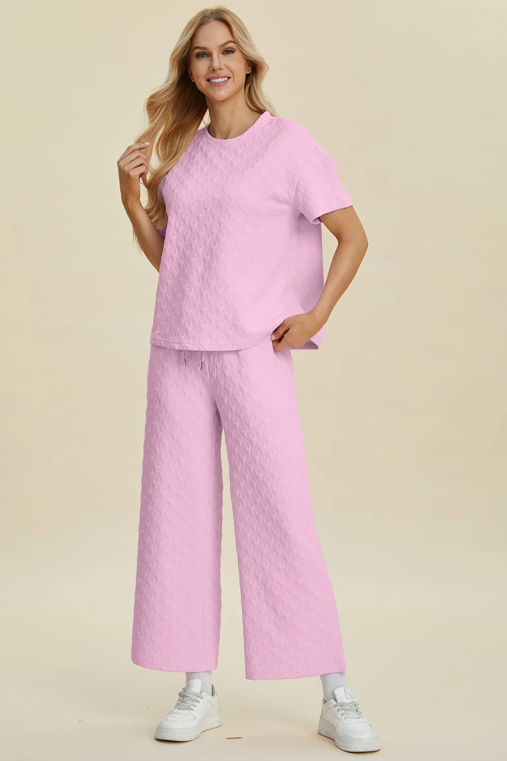 Double Take Full Size Texture Round Neck Short Sleeve Top and Pants Set 
