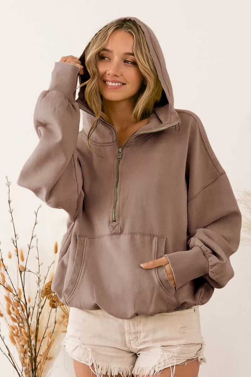 BiBi Stitch Detailed Elastic Hem Half Zip Fleece Hoodie 