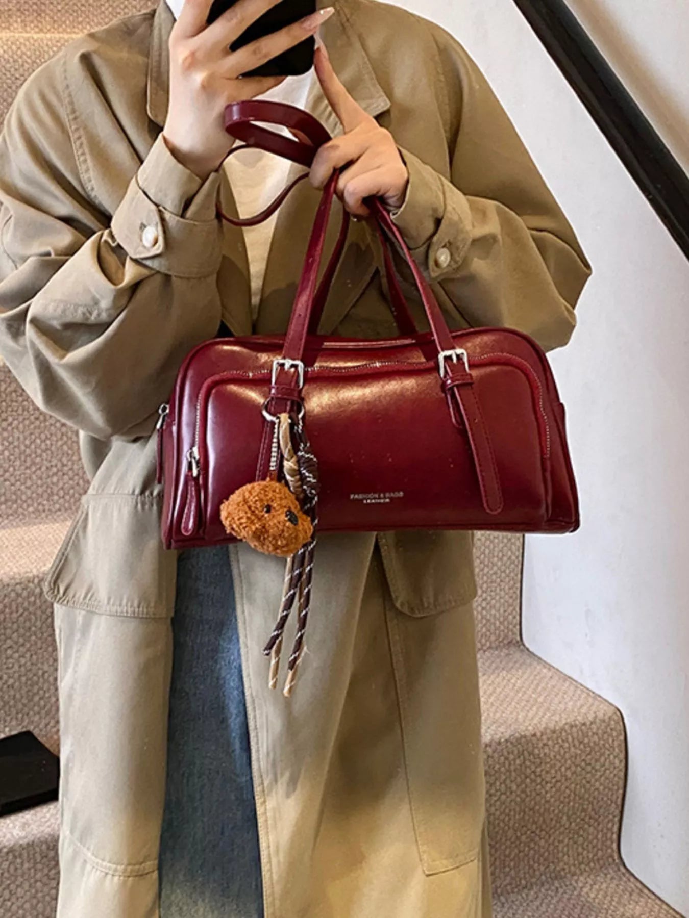 Vintage Style Leather Shoulder Bag with Charm 