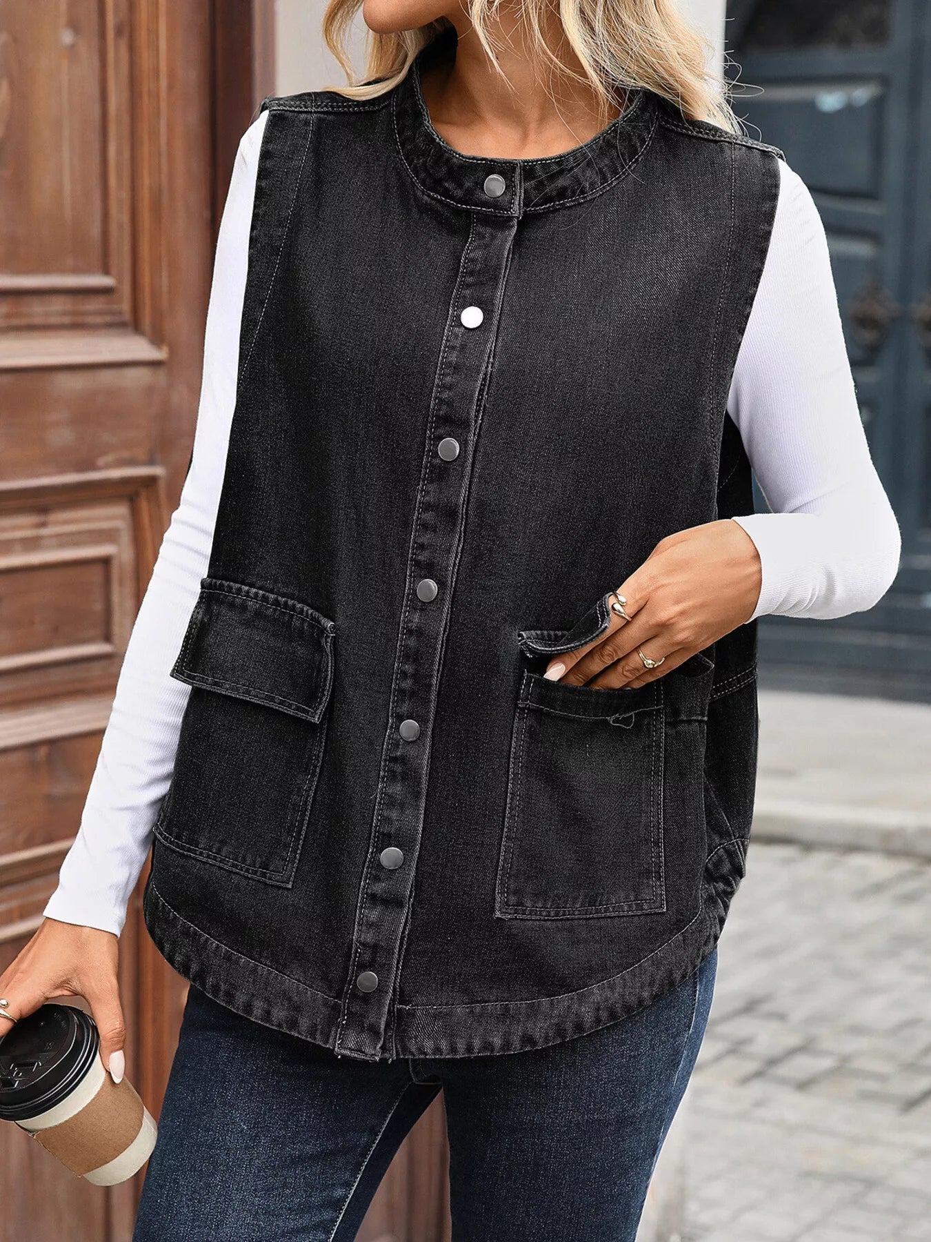Snap Down Sleeveless Denim Jacket 